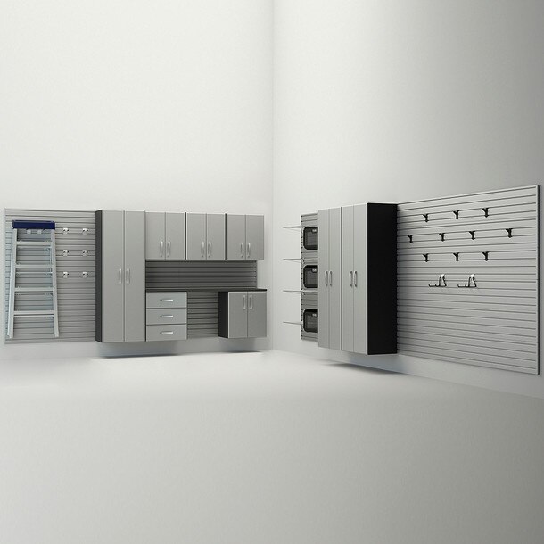 34 Piece Slatwall Panel, Tall Cabinet, Shelf, Bin, Hook & Jumbo Workstation Storage Set - Silver Slatwall / Silver Cabinets