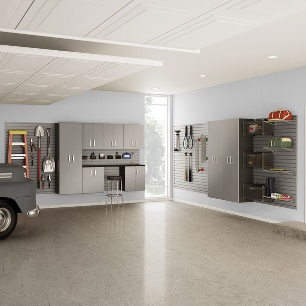 34 Piece Slatwall Panel, Tall Cabinet, Shelf, Bin, Hook & Jumbo Workstation Storage Set - Silver Slatwall / Silver Cabinets