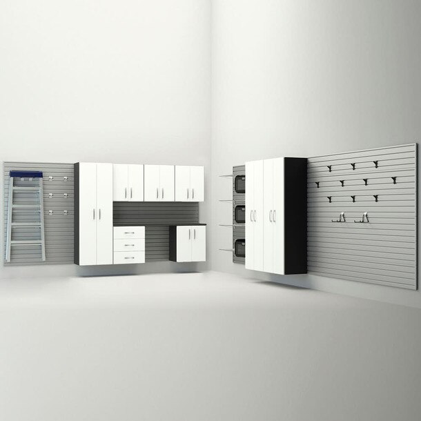 34 Piece Slatwall Panel, Tall Cabinet, Shelf, Bin, Hook & Jumbo Workstation Storage Set - Silver Slatwall / White Cabinets