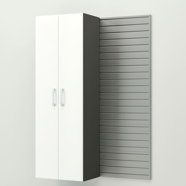 34 Piece Slatwall Panel, Tall Cabinet, Shelf, Bin, Hook & Jumbo Workstation Storage Set - Silver Slatwall / White Cabinets