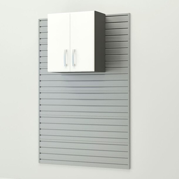 34 Piece Slatwall Panel, Tall Cabinet, Shelf, Bin, Hook & Jumbo Workstation Storage Set - Silver Slatwall / White Cabinets