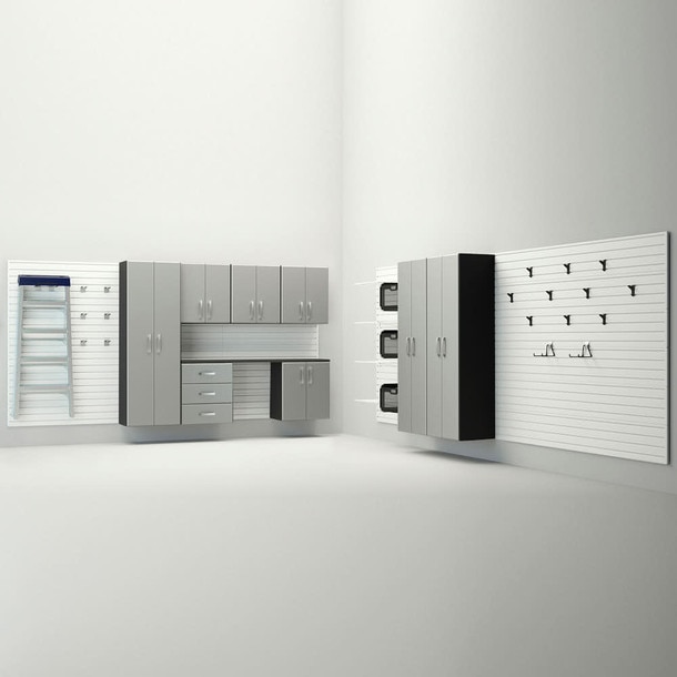 34 Piece Slatwall Panel, Tall Cabinet, Shelf, Bin, Hook & Jumbo Workstation Storage Set - White Slatwall / Silver Cabinets