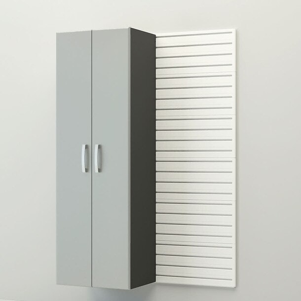 34 Piece Slatwall Panel, Tall Cabinet, Shelf, Bin, Hook & Jumbo Workstation Storage Set - White Slatwall / Silver Cabinets