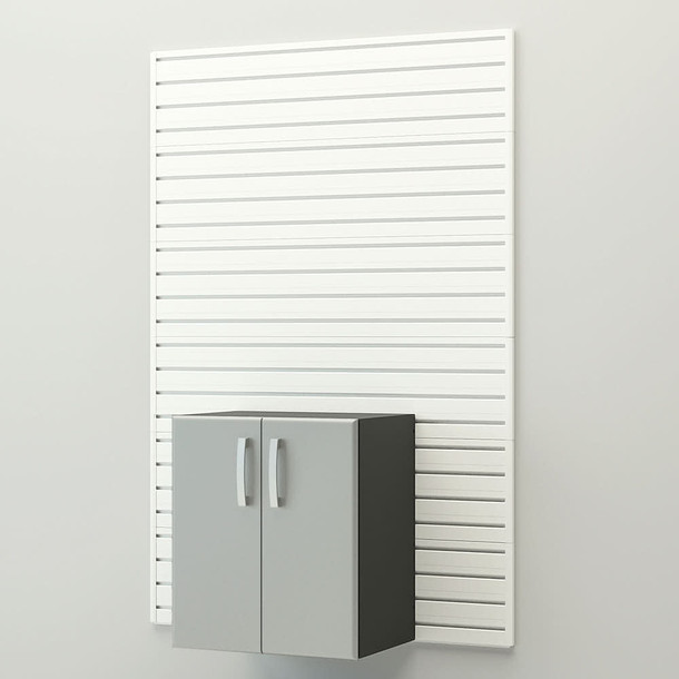 34 Piece Slatwall Panel, Tall Cabinet, Shelf, Bin, Hook & Jumbo Workstation Storage Set - White Slatwall / Silver Cabinets