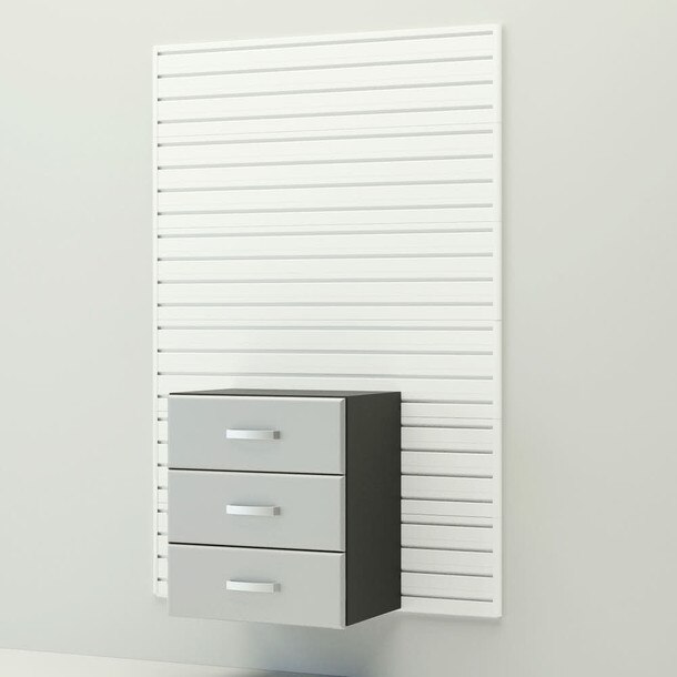 34 Piece Slatwall Panel, Tall Cabinet, Shelf, Bin, Hook & Jumbo Workstation Storage Set - White Slatwall / Silver Cabinets