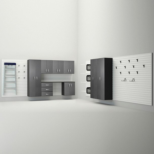 34 Piece Slatwall Panel, Tall Cabinet, Shelf, Bin, Hook & Jumbo Workstation Storage Set - White Slatwall / Graphite Carbon Cabinets
