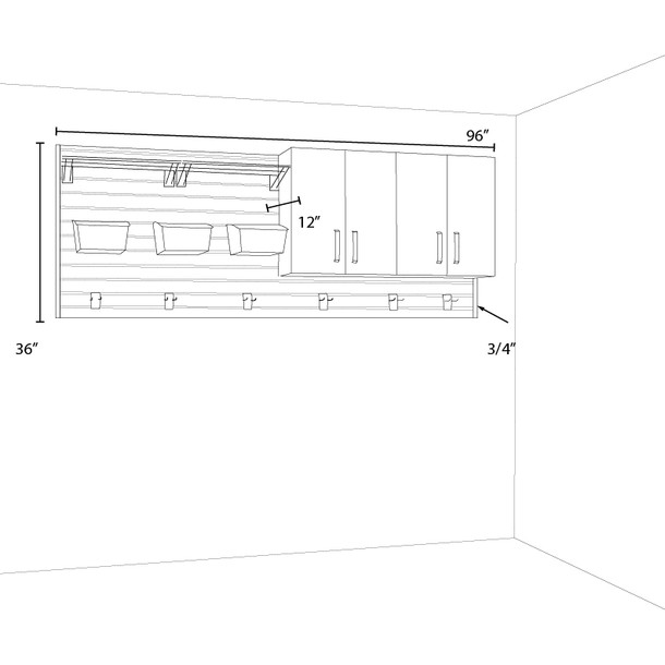 14 Piece Slatwall Panel, Top Cabinet, Shelf & Bin Hook Storage Set - White Slatwall / White Cabinets