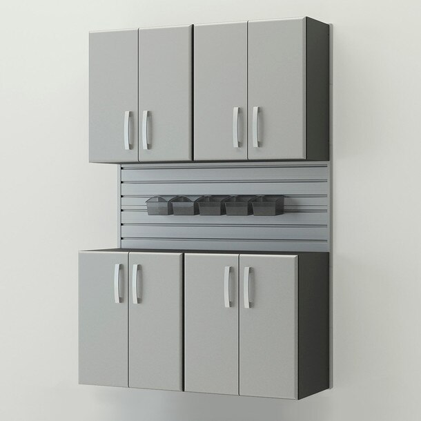 10 Piece Slatwall Panel, Cabinet, Bin Storage Set - Silver Slatwall / Silver Cabinets