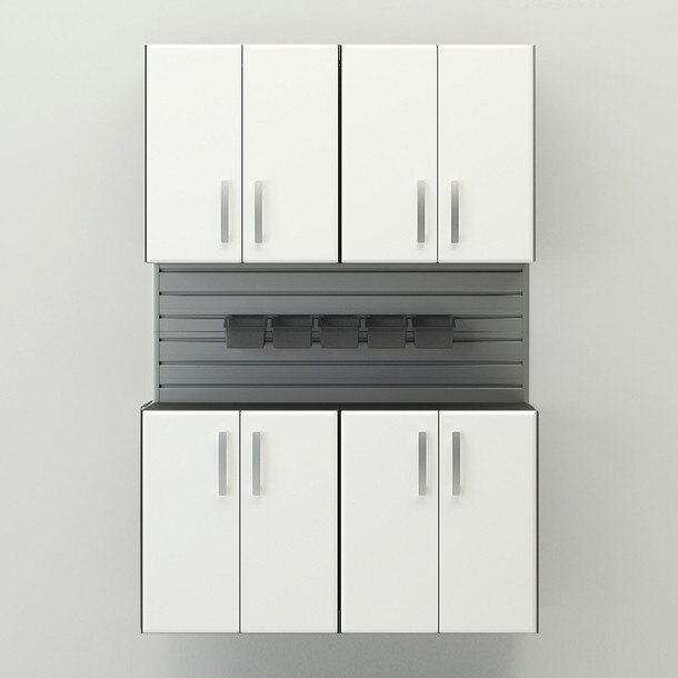 10 Piece Slatwall Panel, Cabinet, Bin Storage Set - Silver Slatwall / White Cabinets