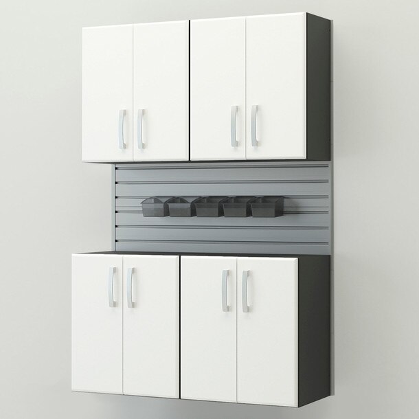 10 Piece Slatwall Panel, Cabinet, Bin Storage Set - Silver Slatwall / White Cabinets