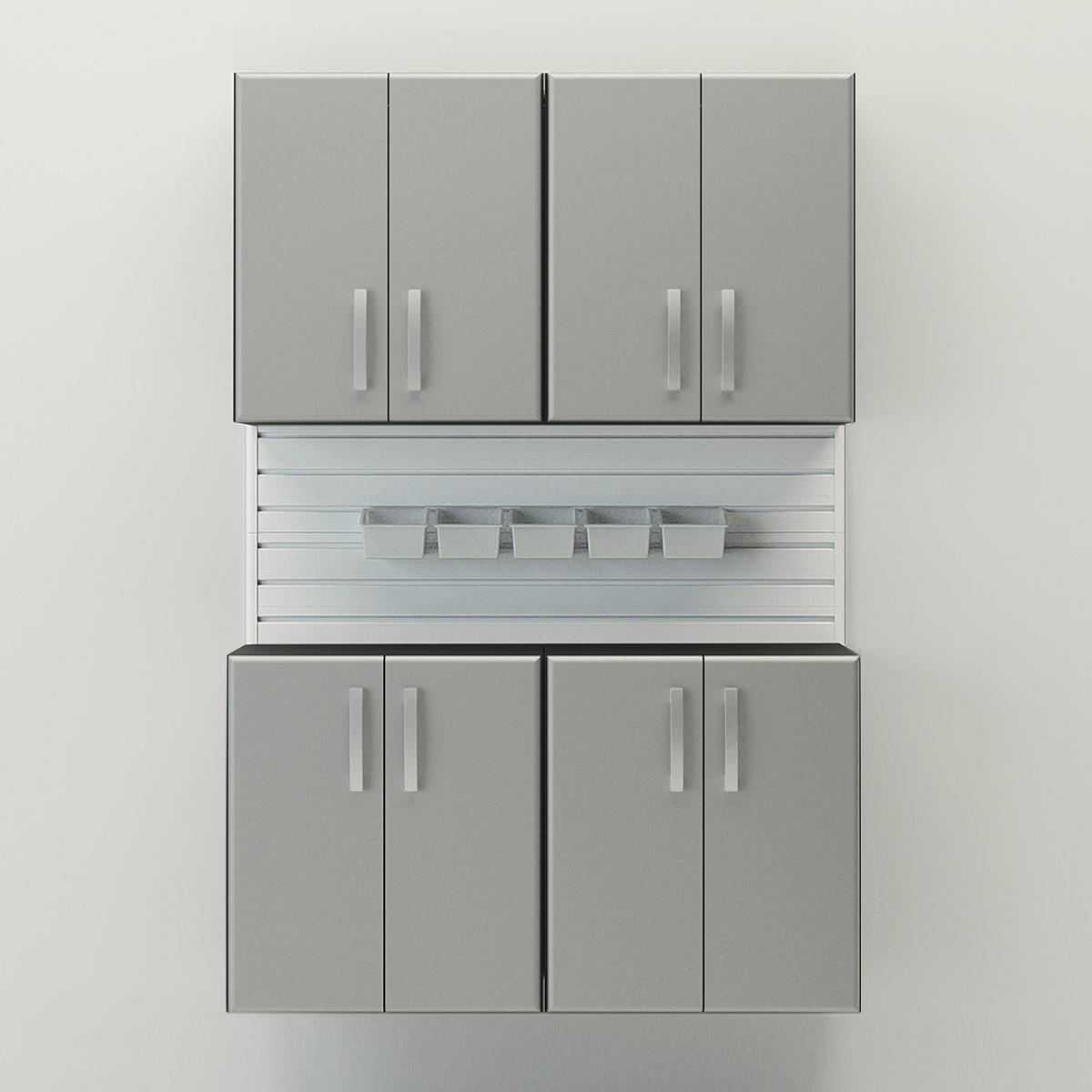 10 Piece Slatwall Panel; Cabinet; Bin Storage Set - White Slatwall / Silver Cabinets