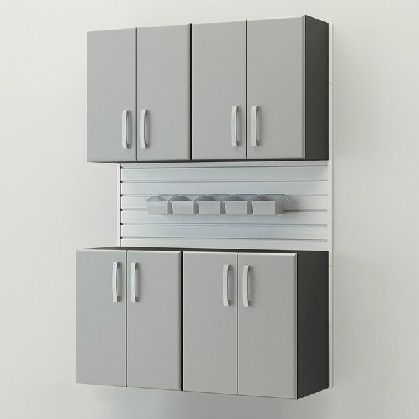 10 Piece Slatwall Panel, Cabinet, Bin Storage Set - White Slatwall / Silver Cabinets