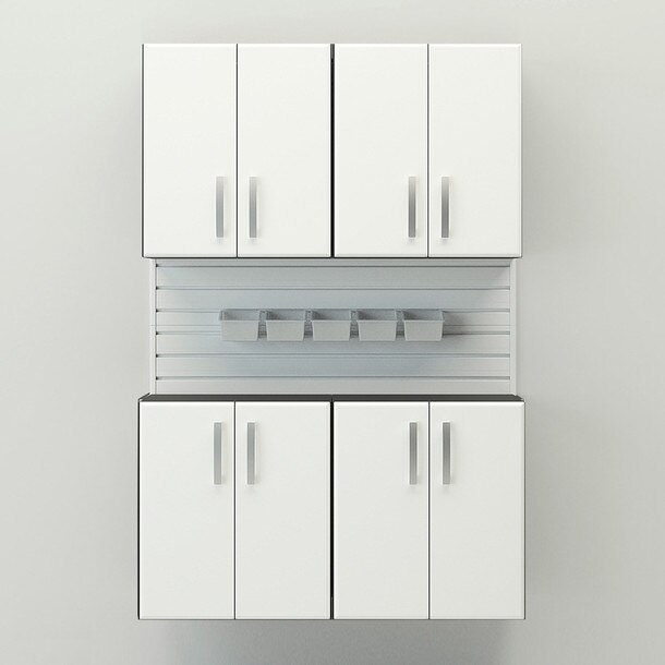 10 Piece Slatwall Panel, Cabinet, Bin Storage Set - White Slatwall / White Cabinets