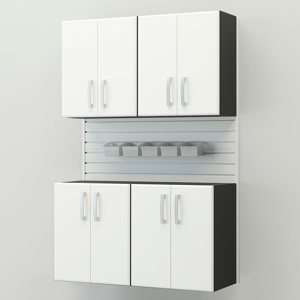 10 Piece Slatwall Panel, Cabinet, Bin Storage Set - White Slatwall / White Cabinets