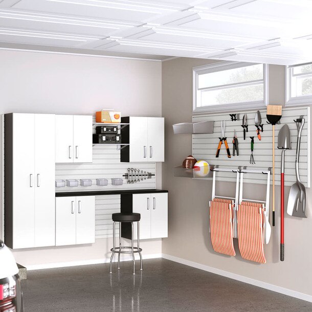 36 Piece Slatwall Panel, Tall Cabinet, Shelf, Bin, Hook & Jumbo Workstation Storage Set - White Slatwall / White Cabinets