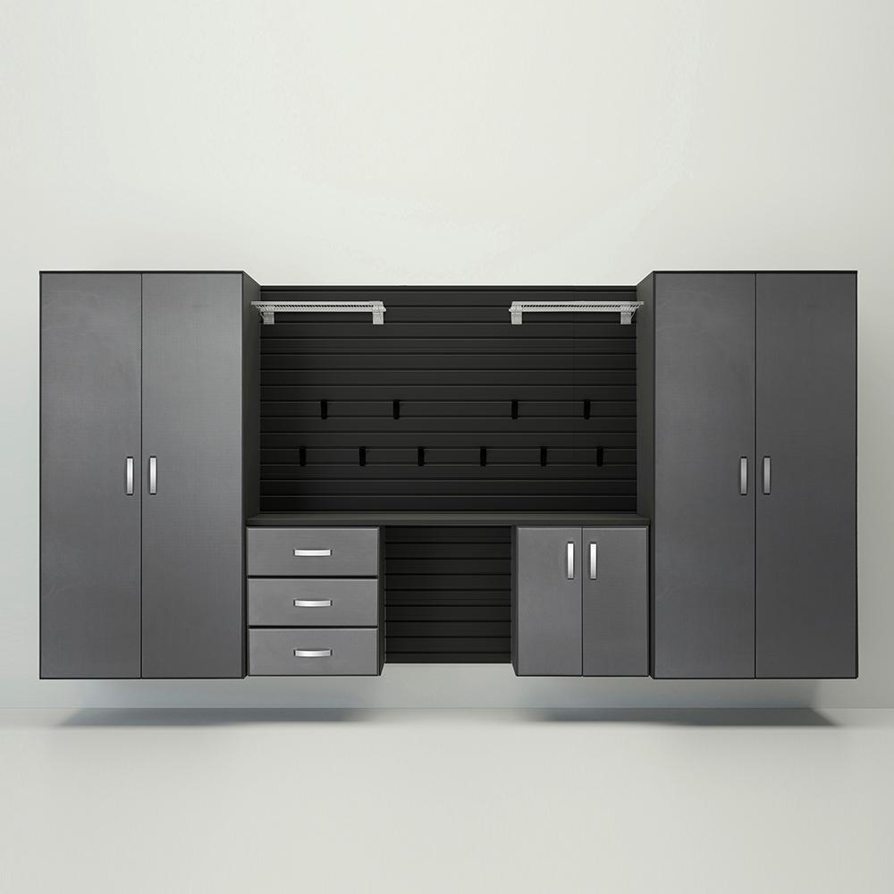 19 Piece Slatwall Panel; Jumbo Cabinet; Shelf; Hook & Jumbo Workstation Storage Set - Black Slatwall / Graphite Carbon Cabinets