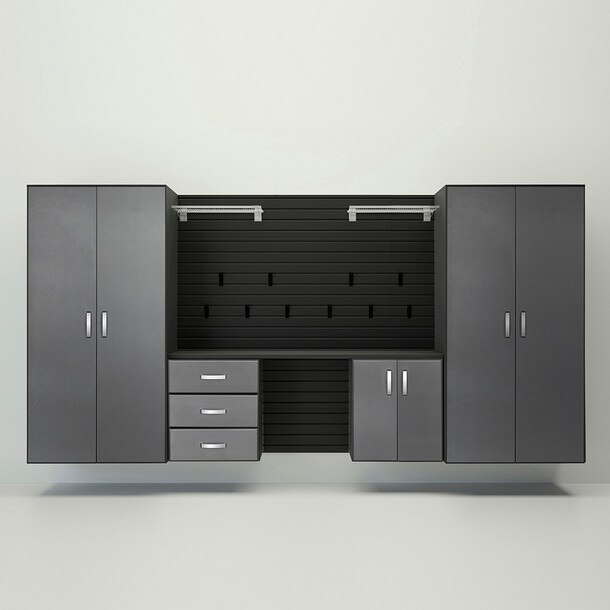 19 Piece Slatwall Panel, Jumbo Cabinet, Shelf, Hook & Jumbo Workstation Storage Set - Black Slatwall / Graphite Carbon Cabinets
