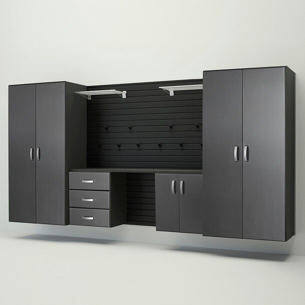 19 Piece Slatwall Panel, Jumbo Cabinet, Shelf, Hook & Jumbo Workstation Storage Set - Black Slatwall / Graphite Carbon Cabinets