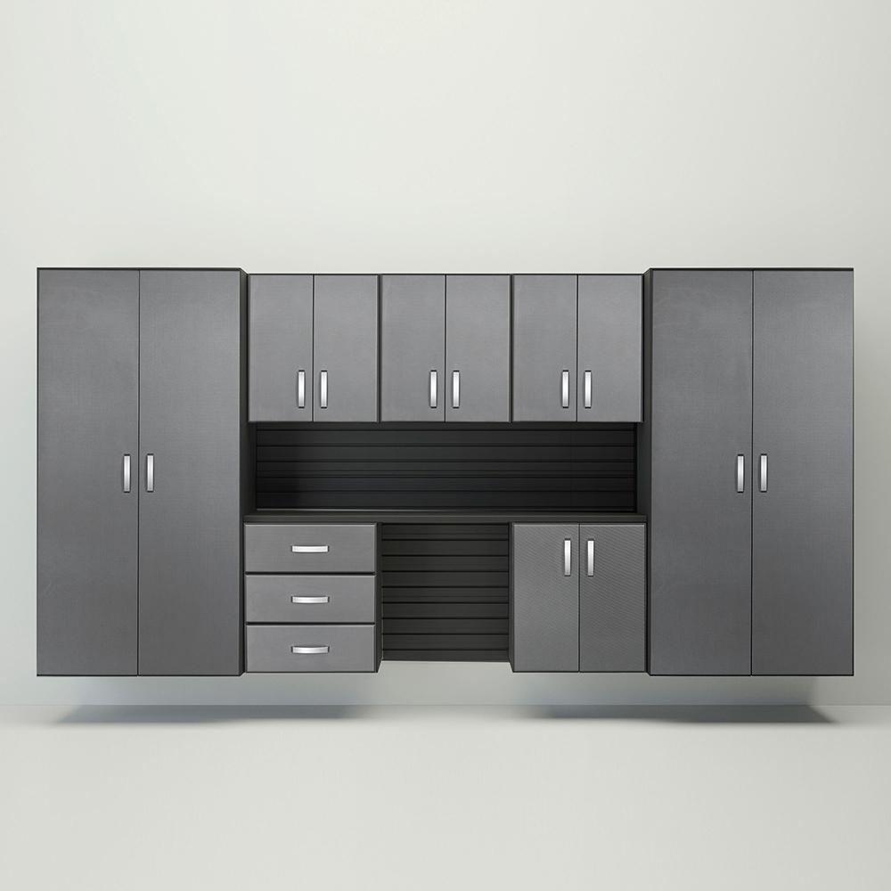 10 Piece Slatwall Panel; Jumbo Cabinet & Workstation Storage Set - Black Slatwall / Graphite Carbon Cabinets