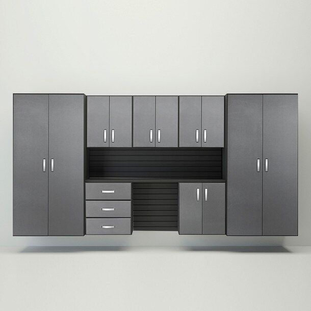 10 Piece Slatwall Panel, Jumbo Cabinet & Workstation Storage Set - Black Slatwall / Graphite Carbon Cabinets