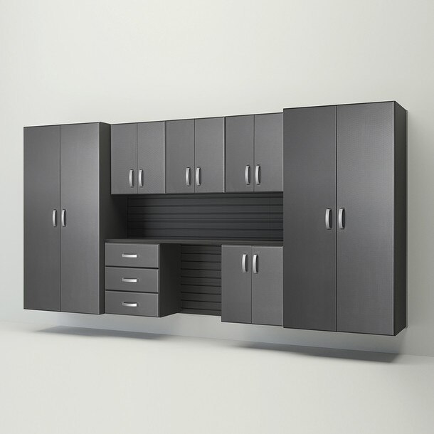 10 Piece Slatwall Panel, Jumbo Cabinet & Workstation Storage Set - Black Slatwall / Graphite Carbon Cabinets