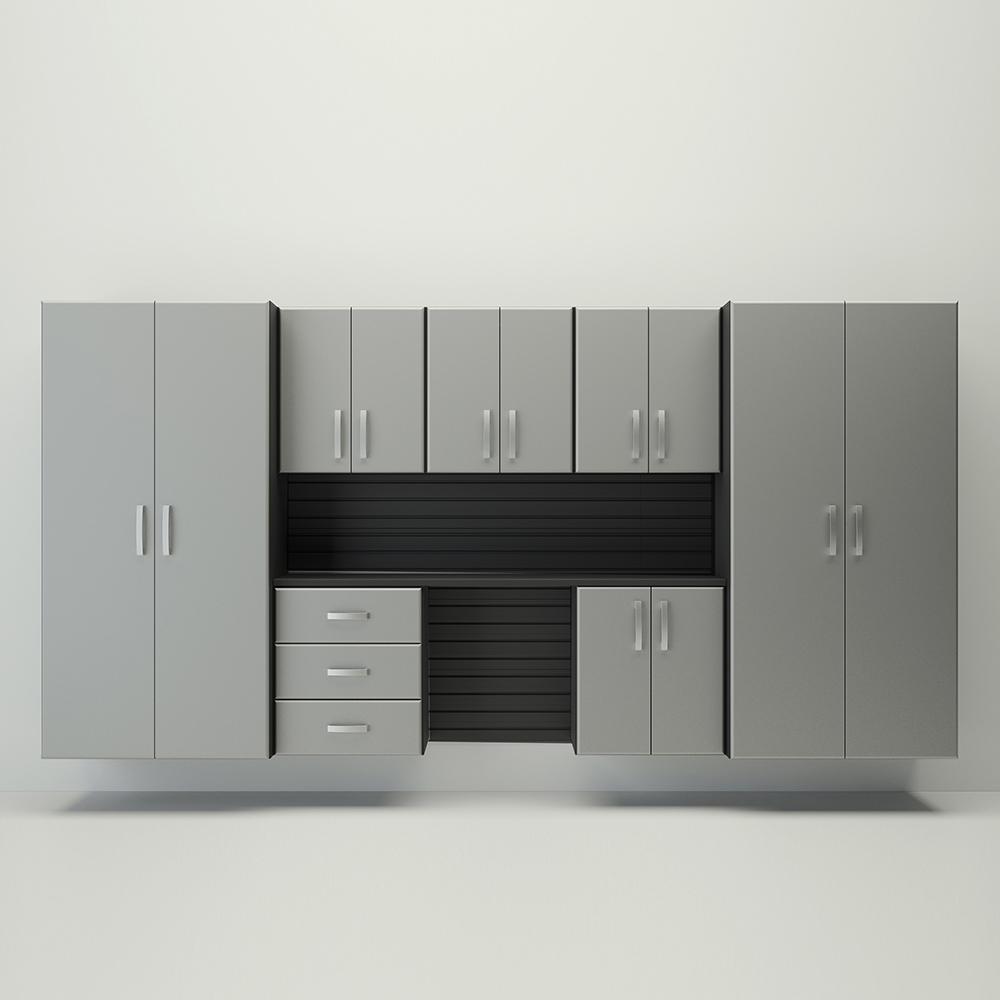 10 Piece Slatwall Panel; Jumbo Cabinet & Workstation Storage Set- Black Slatwall / Silver Cabinets