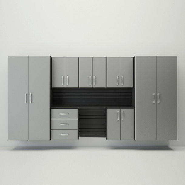 10 Piece Slatwall Panel, Jumbo Cabinet & Workstation Storage Set- Black Slatwall / Silver Cabinets