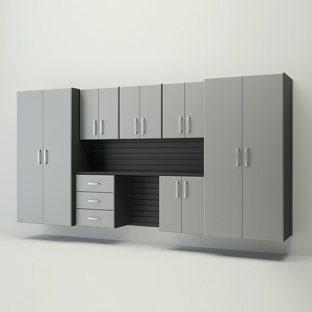 10 Piece Slatwall Panel, Jumbo Cabinet & Workstation Storage Set- Black Slatwall / Silver Cabinets