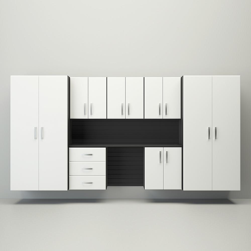 10 Piece Slatwall Panel; Jumbo Cabinet & Workstation Storage Set - Black Slatwall / White Cabinets