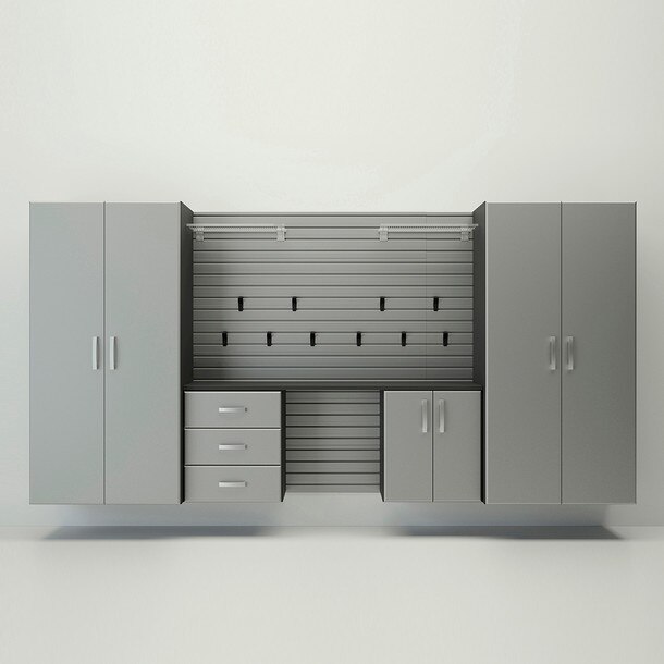 19 Piece Slatwall Panel, Jumbo Cabinet, Shelf, Hook & Jumbo Workstation Storage Set - Silver Slatwall / Silver Cabinets