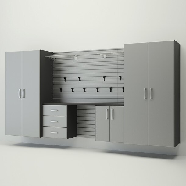 19 Piece Slatwall Panel, Jumbo Cabinet, Shelf, Hook & Jumbo Workstation Storage Set - Silver Slatwall / Silver Cabinets