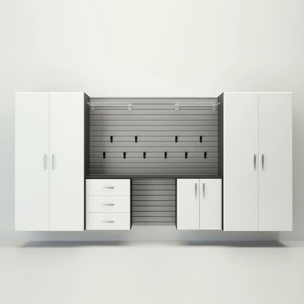 19 Piece Slatwall Panel, Jumbo Cabinet, Shelf, Hook & Jumbo Workstation Storage Set - Silver Slatwall / White Cabinets