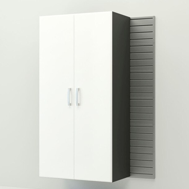 19 Piece Slatwall Panel, Jumbo Cabinet, Shelf, Hook & Jumbo Workstation Storage Set - Silver Slatwall / White Cabinets