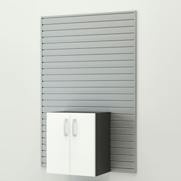 19 Piece Slatwall Panel, Jumbo Cabinet, Shelf, Hook & Jumbo Workstation Storage Set - Silver Slatwall / White Cabinets
