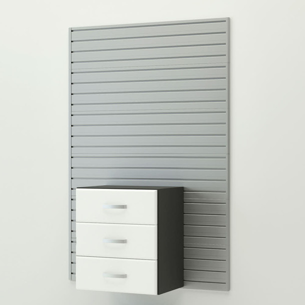 19 Piece Slatwall Panel, Jumbo Cabinet, Shelf, Hook & Jumbo Workstation Storage Set - Silver Slatwall / White Cabinets