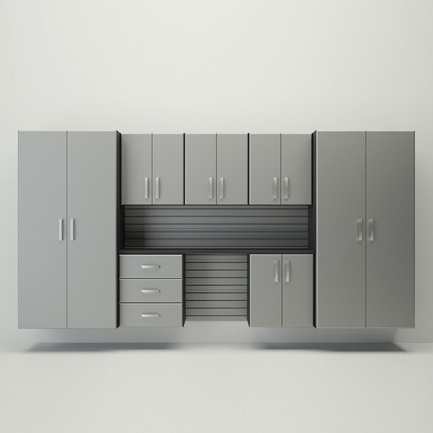 10 Piece Slatwall Panel, Jumbo Cabinet & Workstation Storage Set - Silver Slatwall / Silver Cabinets