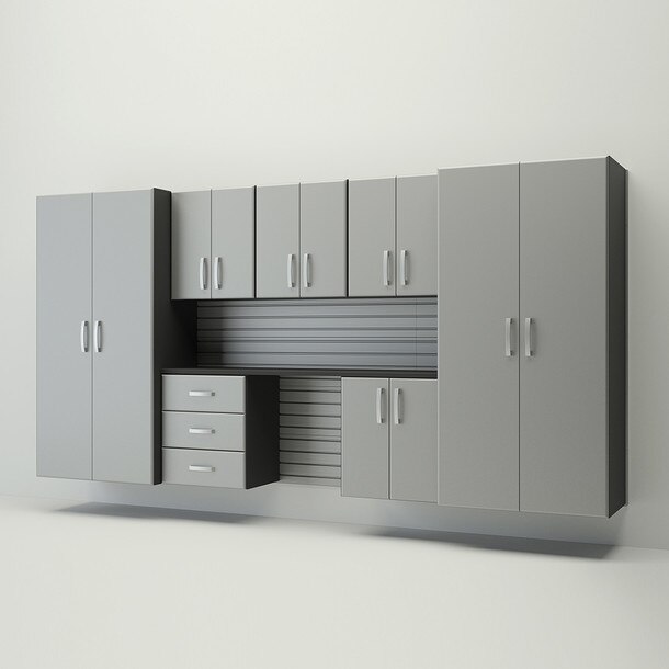 10 Piece Slatwall Panel, Jumbo Cabinet & Workstation Storage Set - Silver Slatwall / Silver Cabinets