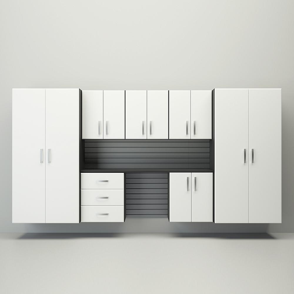 10 Piece Slatwall Panel; Jumbo Cabinet & Workstation Storage Set - Silver Slatwall / White Cabinets