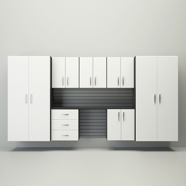 10 Piece Slatwall Panel, Jumbo Cabinet & Workstation Storage Set - Silver Slatwall / White Cabinets