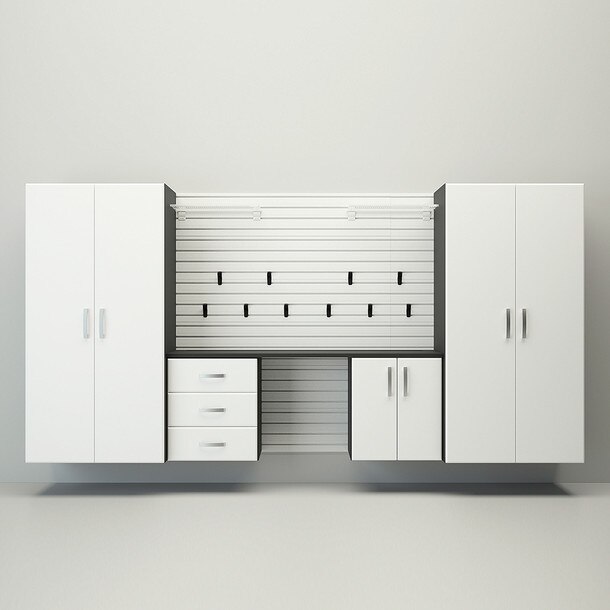 19 Piece Slatwall Panel, Jumbo Cabinet, Shelf, Hook & Jumbo Workstation Storage Set - White Slatwall / White Cabinets