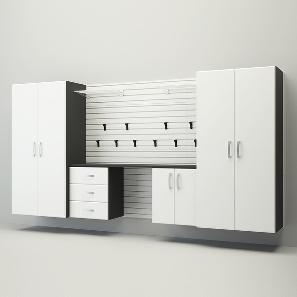 19 Piece Slatwall Panel, Jumbo Cabinet, Shelf, Hook & Jumbo Workstation Storage Set - White Slatwall / White Cabinets
