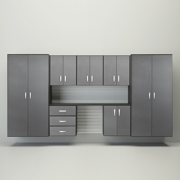 10 Piece Slatwall Panel, Jumbo Cabinet & Workstation Storage Set - White Slatwall / Graphite Carbon Cabinets