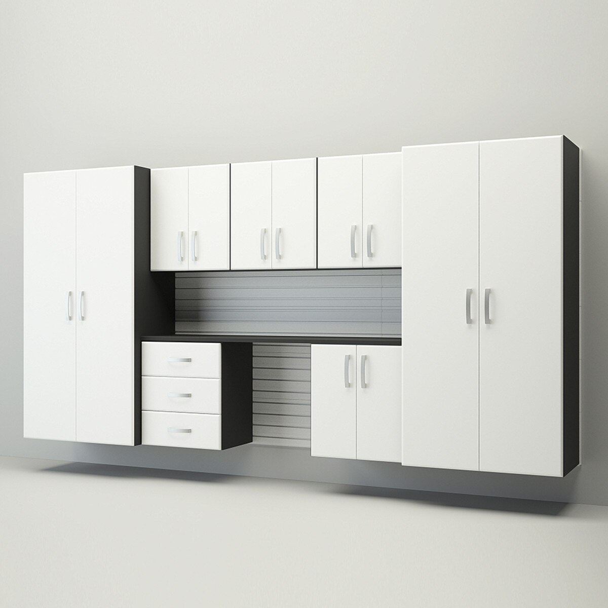 Flow Wall 8 Piece Cabinet Deluxe Workstation - White/White