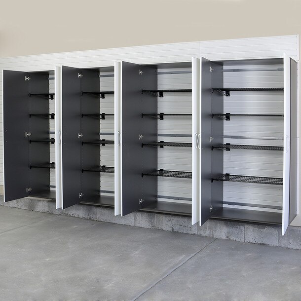 6 Piece Slatwall Panel & Jumbo Cabinet Storage Set - White Slatwall / Graphite Carbon Cabinets