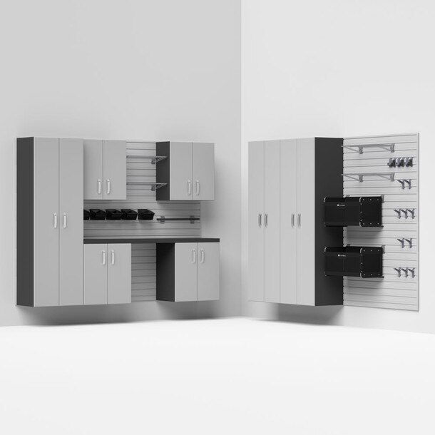 29 Piece Slatwall Panel, Tall Cabinet, Shelf, Bin, Hook & Jumbo Workstation Storage Set - Silver Slatwall / Silver Cabinets