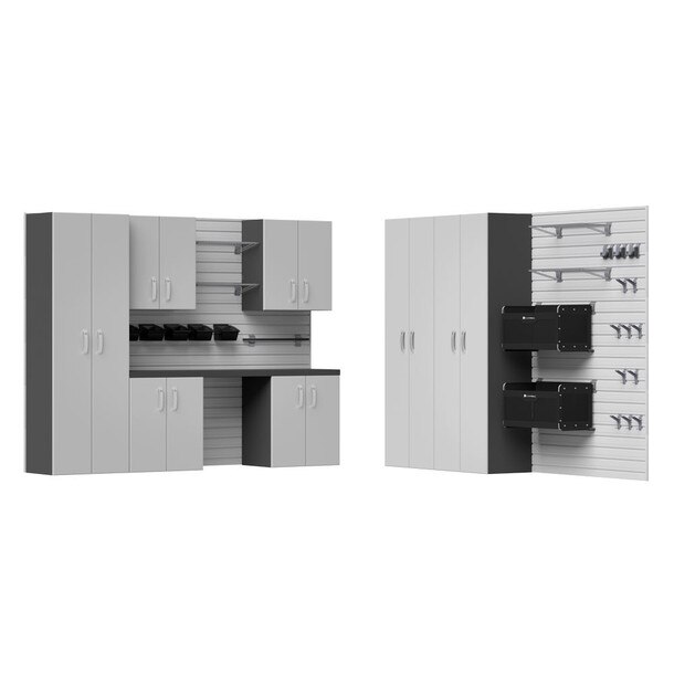 29 Piece Slatwall Panel, Tall Cabinet, Shelf, Bin, Hook & Jumbo Workstation Storage Set - Silver Slatwall / Silver Cabinets