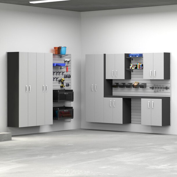 29 Piece Slatwall Panel, Tall Cabinet, Shelf, Bin, Hook & Jumbo Workstation Storage Set - Silver Slatwall / Silver Cabinets