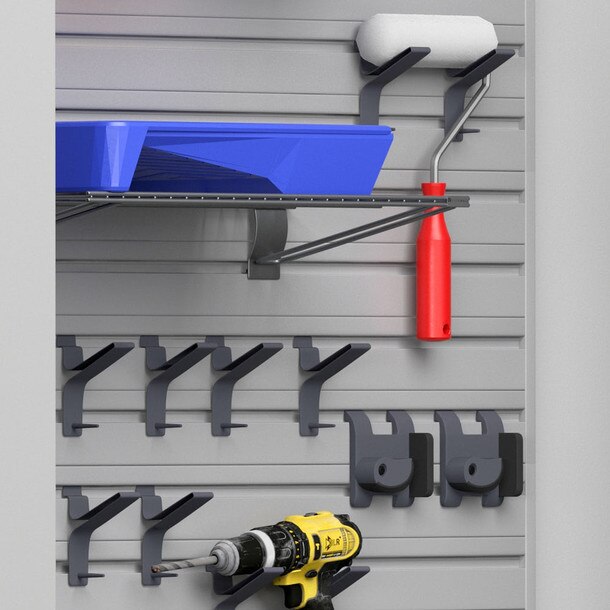 29 Piece Slatwall Panel, Tall Cabinet, Shelf, Bin, Hook & Jumbo Workstation Storage Set - Silver Slatwall / Silver Cabinets