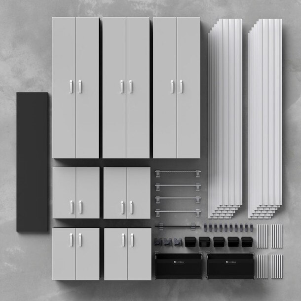 29 Piece Slatwall Panel, Tall Cabinet, Shelf, Bin, Hook & Jumbo Workstation Storage Set - Silver Slatwall / Silver Cabinets