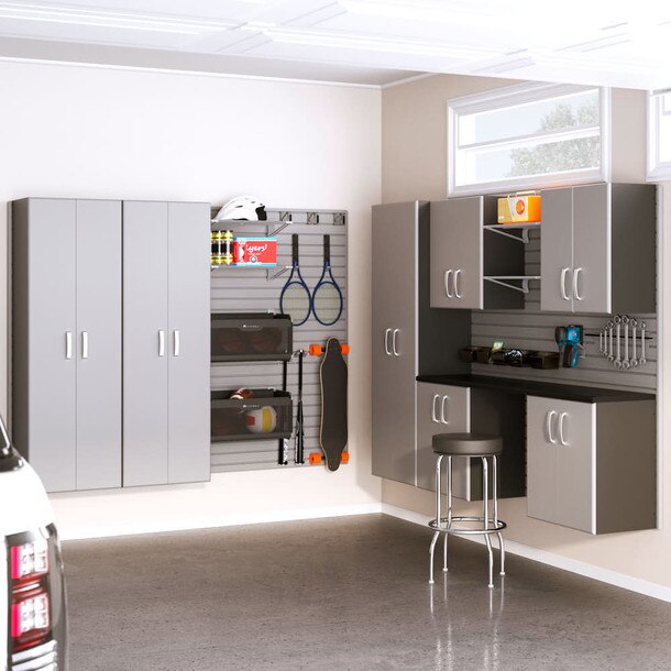 29 Piece Slatwall Panel, Tall Cabinet, Shelf, Bin, Hook & Jumbo Workstation Storage Set - Silver Slatwall / Silver Cabinets